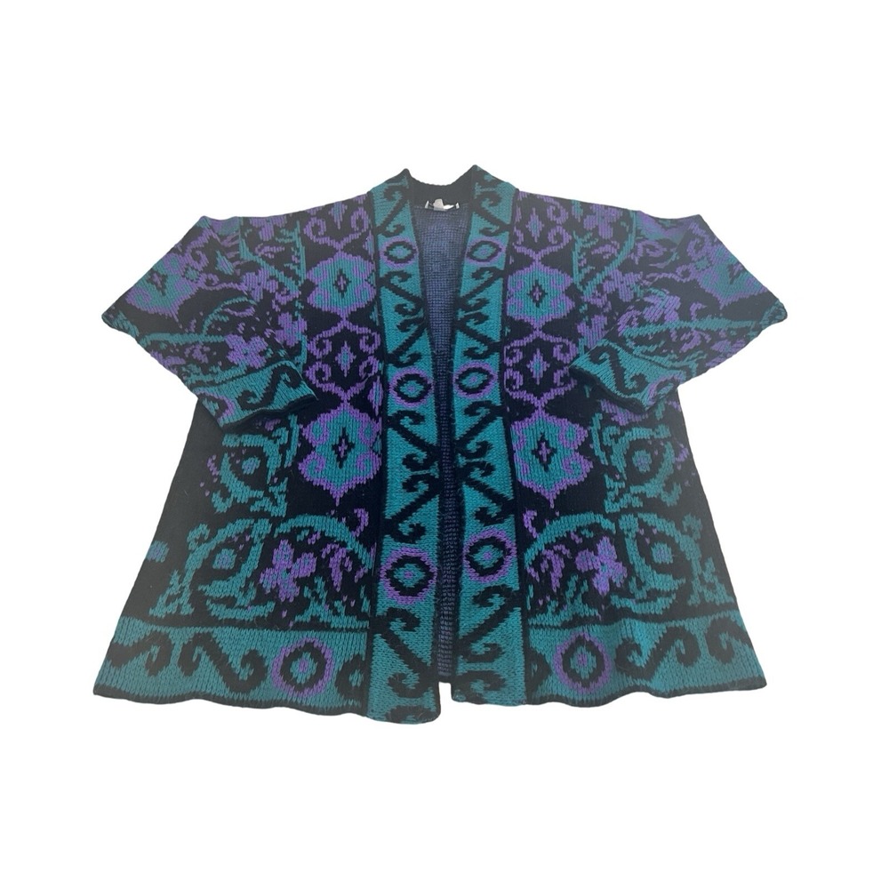 Vintage Carriage Court Teal Purple Geometric Intarsia Cardigan Sweater M USA